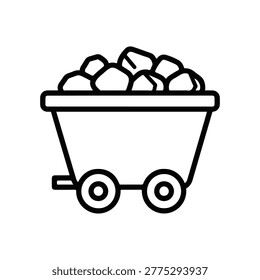 A simple black and white line drawing depicts a minecart, overflowing with irregularly shaped rocks or mineral ore, on wheels. It's a classic symbol of mining.