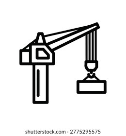 A simple black and white line drawing depicts a construction crane, featuring a long boom, a lifting hook, and a stable base. It's a symbol of building and industry.