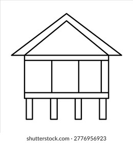 A simple black and white line drawing of a stilt house, showcasing its basic structure with a triangular roof, elevated floor, and supporting pillars.