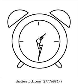 A simple black and white line drawing of an alarm clock with two bells on top. The clock face shows the time as approximately 6:30.