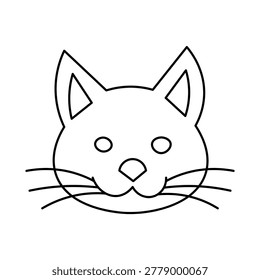 A simple black and white line drawing of a cat's face, featuring its ears, eyes, nose, mouth, and whiskers.