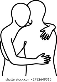 A simple black and white line drawing showing two figures hugging each other, representing love, comfort, support, and connection.