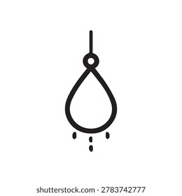 A simple black and white line drawing of a teardrop-shaped pendant hanging from a thin line, with three small dots dangling from the bottom.