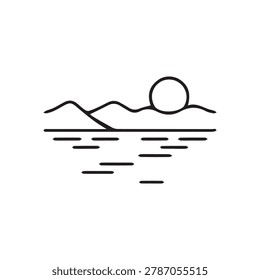 A simple black and white line drawing depicts a serene scene of a sun setting behind rolling hills over a body of water.