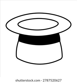 A simple black and white line drawing of a classic top hat with a wide brim and a black band around the base.