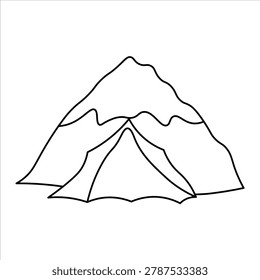 A simple black and white line drawing of a tent pitched in front of a mountain range. The drawing depicts a triangular tent with a curved entrance, set against a backdrop of stylized, undulating mountains with snow-capped peaks.