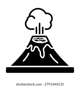 Simple black and white line drawing of a volcano erupting, emitting smoke and ash