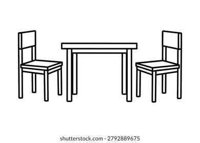 Simple black and white line drawing of a minimalist dining set featuring a table and four chairs for interior design concepts.