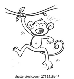 A simple black and white line drawing of a cheerful monkey hanging from a vine with its mouth open