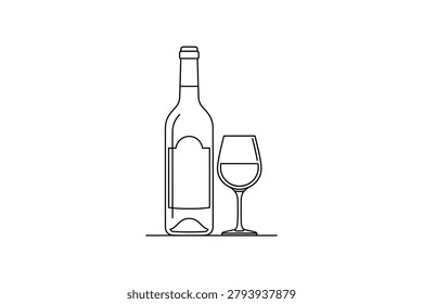 Simple black and white line drawing of a wine bottle next to a wine glass, minimalist vector style artwork design element.
