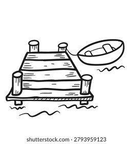 A simple black and white line drawing featuring a wooden dock attached to a small rowboat floating on wavy water.
