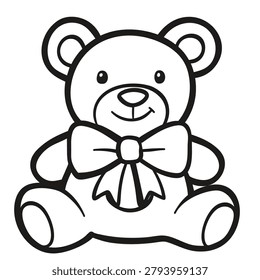 A simple black and white line drawing of a friendly teddy bear wearing a bow tie, perfect for children to color.