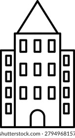 Simple black and white line drawing depicting a multi-story building with symmetrical windows and a pointed gable roof. Ideal for architectural designs.