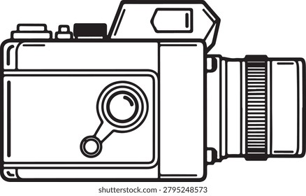 Simple black and white line drawing of a classic twin-lens reflex camera with focus dial and lens attachment.