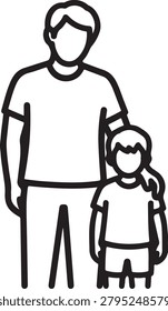 Simple black and white line drawing of an adult and a child standing close, holding hands in a friendly pose.