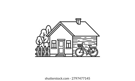 A simple black and white line drawing of a small house with a picket fence, two trees, and a bicycle parked in front