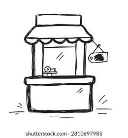 A simple black and white line drawing of a small market stall or kiosk with a sign hanging on the side and a counter in the front