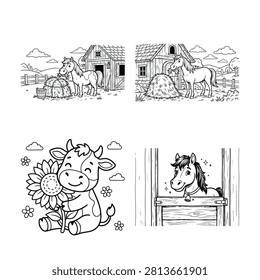 Simple black and white line drawing of a farm horse eating hay near a barn. Rustic rural scene with fence and rolling hills, perfect for country-themed designs.