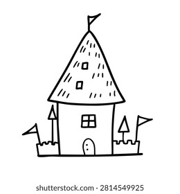 A simple black and white line drawing of a fairytale castle with a tall conical roof flags and battlements on a plain background