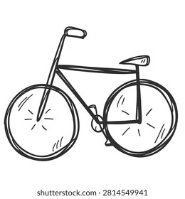 A simple black and white line drawing of a classic bicycle sketched in a minimalist doodle style on a white background