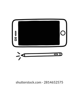 A simple black and white line drawing of a generic smartphone paired with a digital stylus pen