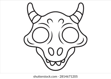 A simple black and white line drawing of a fearsome dragon skull, featuring prominent horns and a grinning jaw, perfect for fantasy art and creative projects.