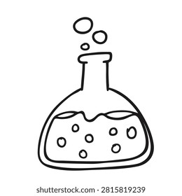 A simple black and white line drawing of a round bottom laboratory flask containing a bubbling liquid chemical mixture.