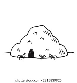 A simple black and white line drawing depicting a small anthill mound with a dark entrance hole and several ants walking near the base