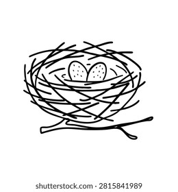 A simple black and white line drawing of a birds nest containing two spotted eggs resting on a tree branch