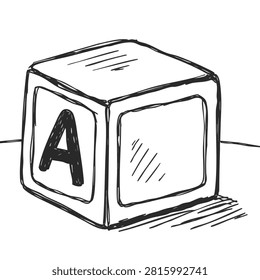 A simple black and white line drawing of a toy block cube marked with the letter A in a sketchy hand-drawn artistic style.