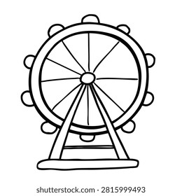 A simple black and white line drawing of a classic fairground ferris wheel on a plain background