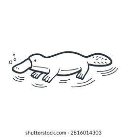 A simple black and white line drawing of a platypus swimming with bubbles in a minimalist cartoon style