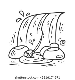 A simple black and white line drawing of a small waterfall cascading over smooth river rocks with decorative water splashes