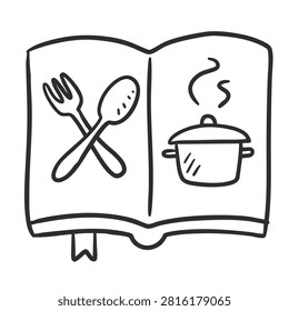 A simple black and white line drawing of an open cookbook featuring a fork and spoon on one page and a steaming cooking pot on the other