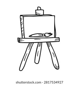 A simple black and white line drawing of a wooden artist easel holding a blank canvas with a single paintbrush resting on the ledge