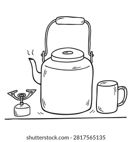 A simple black and white line drawing featuring a camping kettle on a portable stove next to a mug, styled as a doodle or sketch.