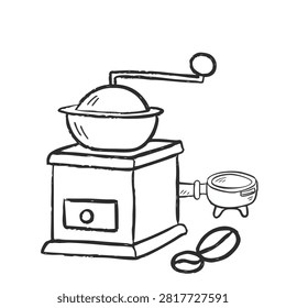 A simple black and white line drawing of a vintage style manual coffee grinder next to a portafilter and some roasted coffee beans.