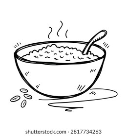 A simple black and white line drawing of a steaming hot bowl of porridge or oatmeal with a spoon and scattered grains on the side.