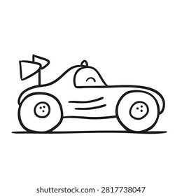 A simple black and white line drawing of a stylized race car with a spoiler, designed in a playful doodle or sketch style on a plain background.