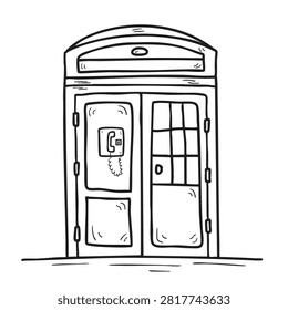 A simple black and white line drawing of a traditional public telephone box with a handset and window panes
