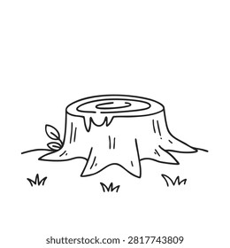 A simple black and white line drawing of a tree stump situated in grass, illustrating deforestation or nature themes in a minimalist doodle style.
