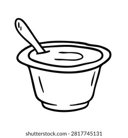 A simple black and white line drawing of a small cup filled with yogurt and a spoon inside.