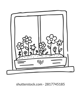 A simple black and white line drawing of a window with a flower box filled with various stylized flowers.