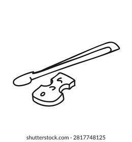Simple black and white line drawing depicting a classical string instrument bridge and a bow for a violin or viola