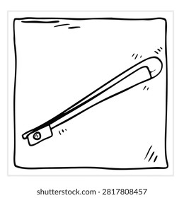 A simple black and white line drawing of a musical instrument accessory specifically a violin or cello bow in a doodle style.