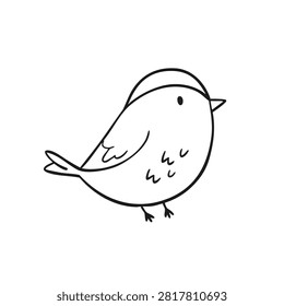 A simple black and white line drawing of a chubby little bird with a small beak and tiny feet.