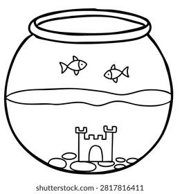 A simple black and white line drawing of a round fishbowl containing two small swimming fish, a castle decoration, and pebbles at the bottom.