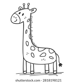 A simple black and white line drawing of a smiling baby giraffe with spots and a long neck on a white background