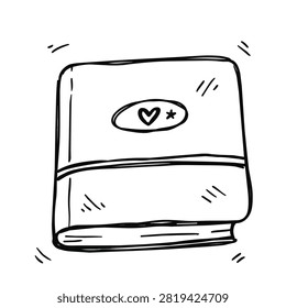 A simple black and white line drawing of a closed notebook or diary featuring a heart symbol on the cover.