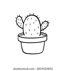 A simple black and white line drawing of a potted cactus with small spikes in a minimalist doodle style.